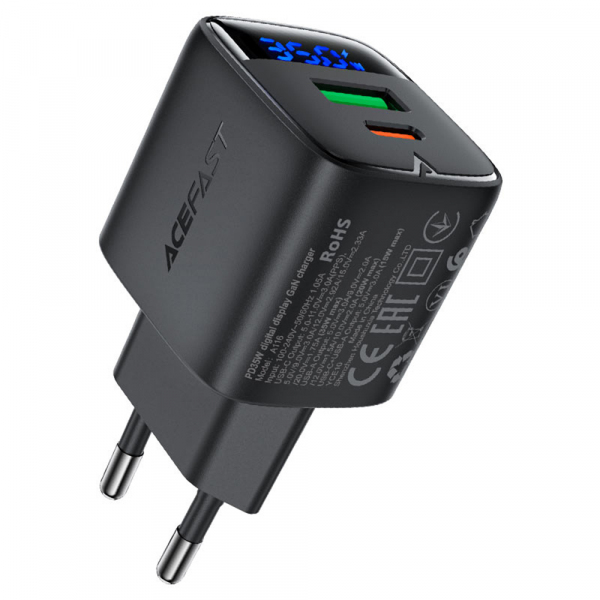 Acefast A116 fali töltő elölről LED kijelzővel és két USB porttal